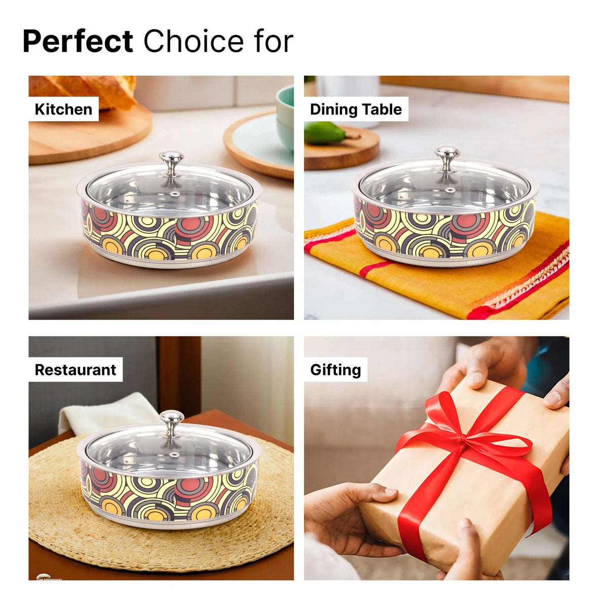 Double Walled Insulated Serving Casserole 1.5L Stainless Steel Hotpot Glass Lid Coaster