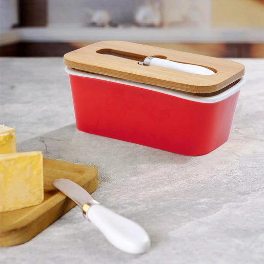 Ceramic Butter Dish with Lid and Knife 600 ml Wooden Airtight Lid Silicone Ring Butter Cheese Box Red