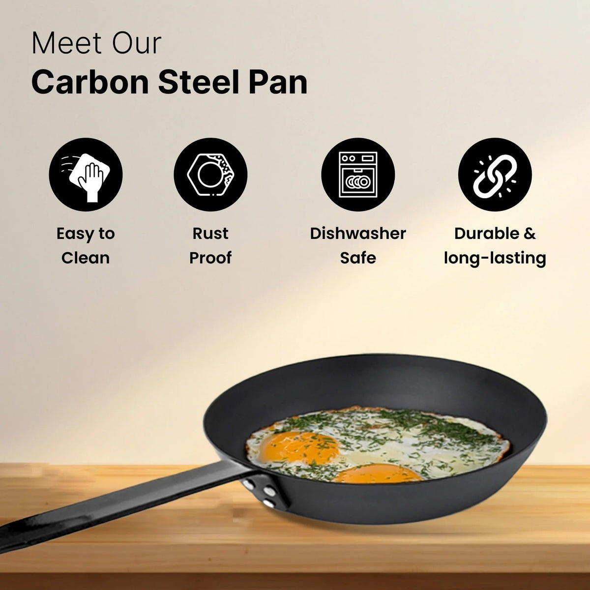 Carbon Steel Pan 28 cm Pre-Seasoned Non-Stick Gas Induction Omelette Fish Fry Black