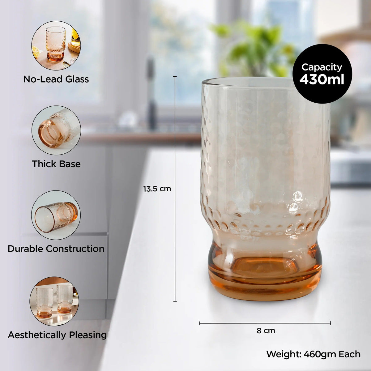 Set of 2: Lead-Free Amber Juice Glasses, 430 ml, Stylish & Versatile