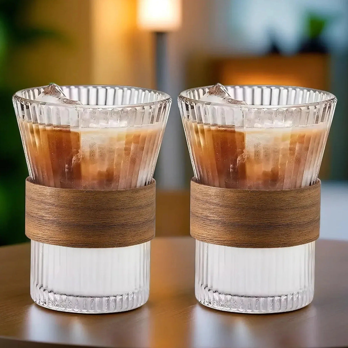 Set of 2: Lead-Free Glass Tea Cups with Bamboo Sleeve, 280 ml