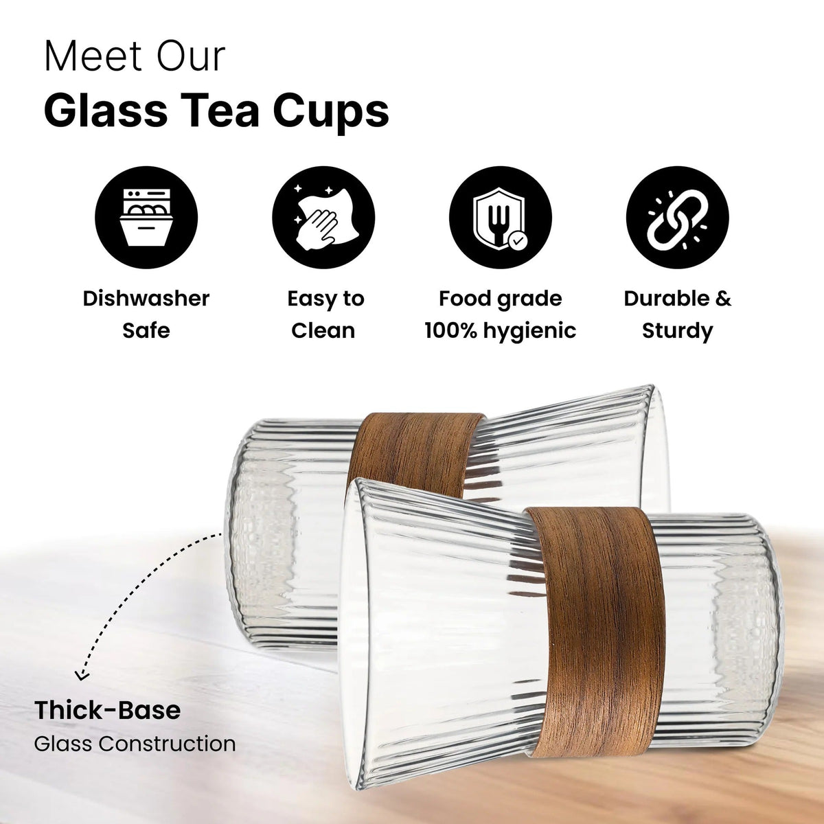 Set of 2: Lead-Free Glass Tea Cups with Bamboo Sleeve, 280 ml