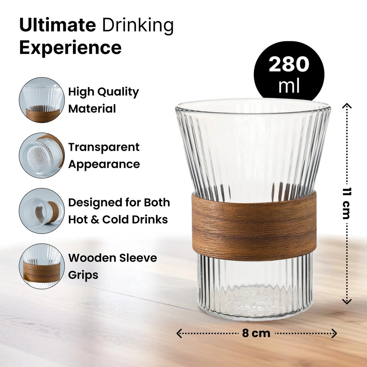 Set of 2: Lead-Free Glass Tea Cups with Bamboo Sleeve, 280 ml