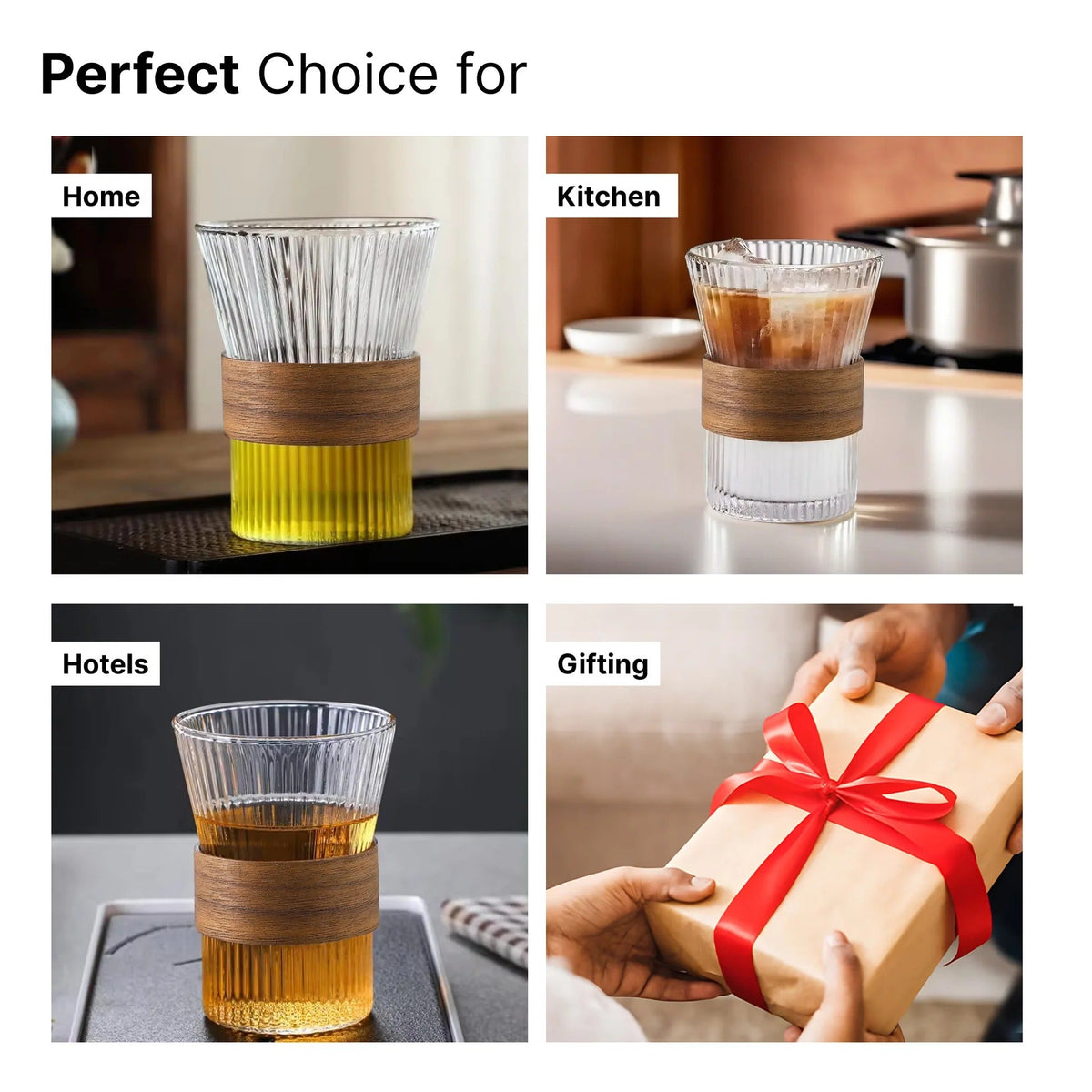 Set of 2: Lead-Free Glass Tea Cups with Bamboo Sleeve, 280 ml