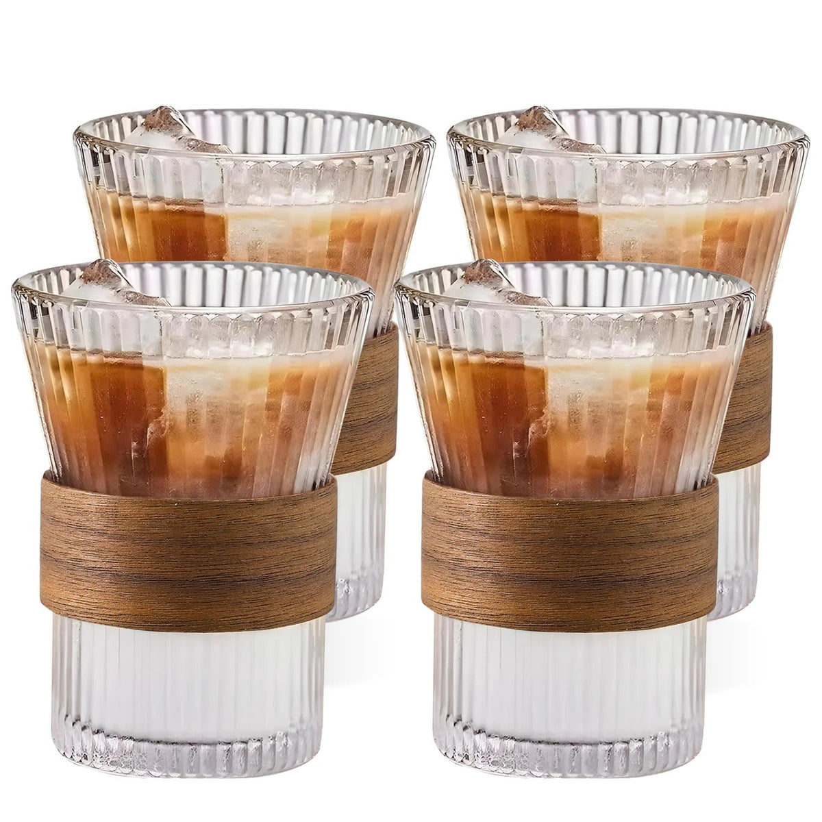 Glass Tea and Coffee Mugs Set of 4 (280 ml), Wooden Sleeves