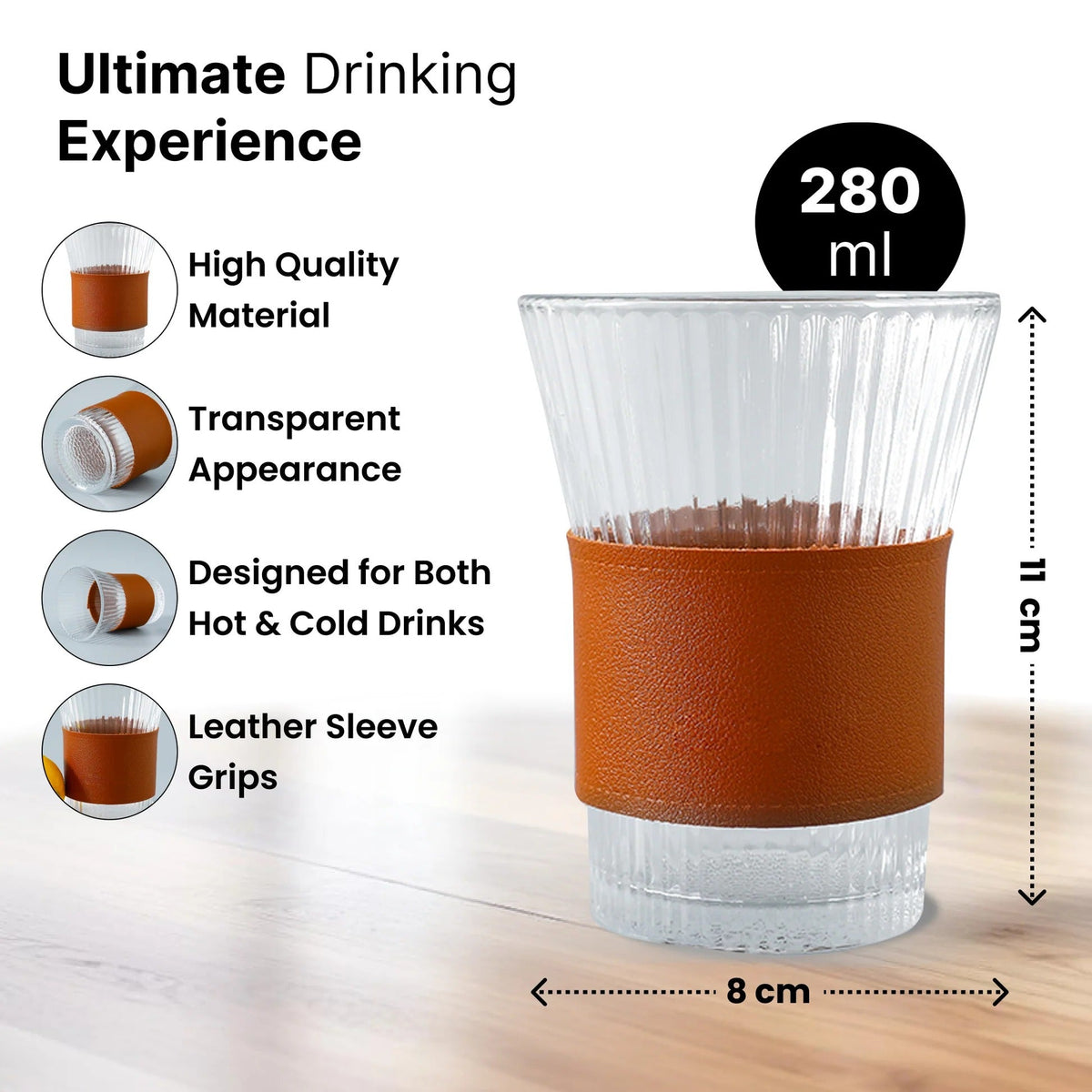 Glass Tea and Coffee Mugs Pack of 2 (280 ml), Chic Sleeves