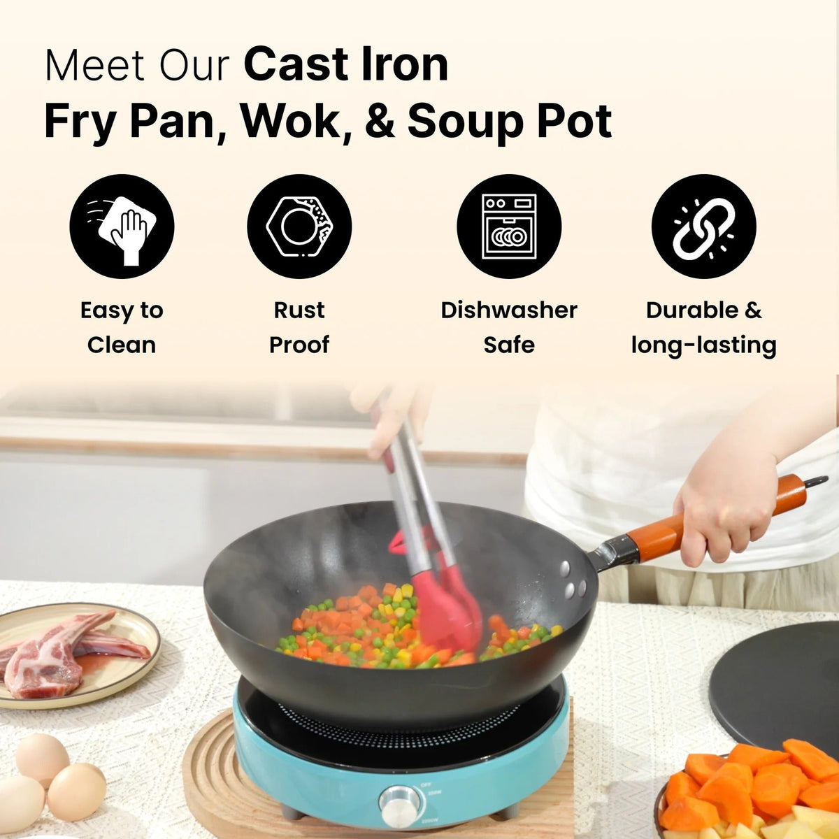 Cast Iron Cookware Set Wooden Handle Fry Pan 26 cm + Wok + Handi 4.4L Each with Lid Gas Induction