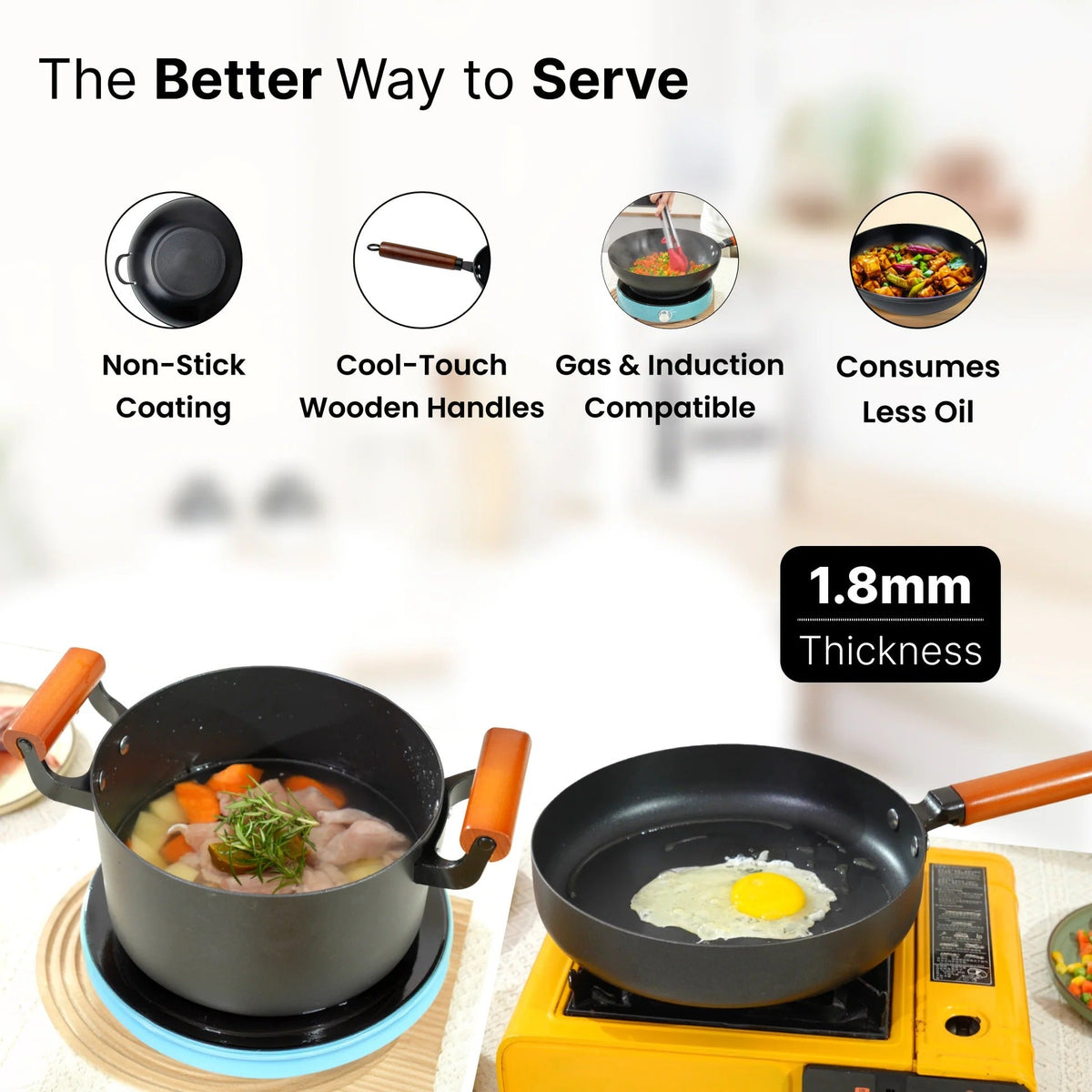 Cast Iron Cookware Set Wooden Handle Fry Pan 26 cm + Wok + Handi 4.4L Each with Lid Gas Induction