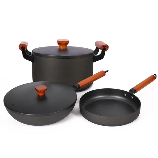Cast Iron Cookware Set Wooden Handle Fry Pan 26 cm + Wok + Handi 4.4L Each with Lid Gas Induction