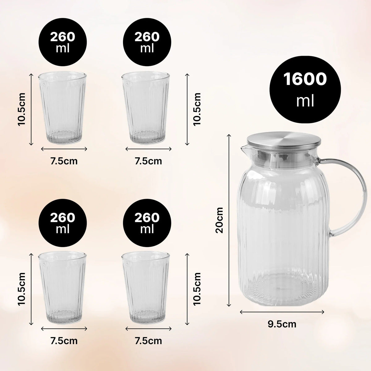 Borosilicate Jugs and Glasses Set Grey Pack of 5