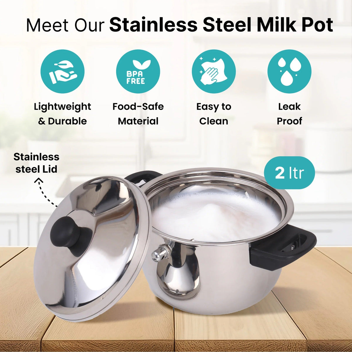 2L Stainless Steel Milk Pot with Lid and Spatula Silver Leakproof Induction Gas