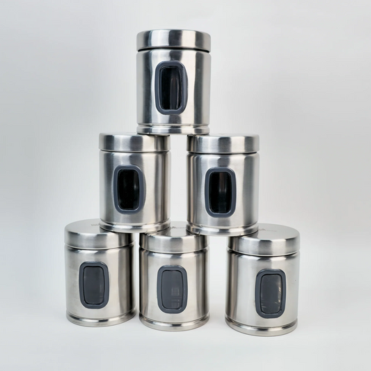 Pack of 6 Stainless Steel Kitchen Storage Jars with See-Through Panel, 1000 ml Each, Airtight