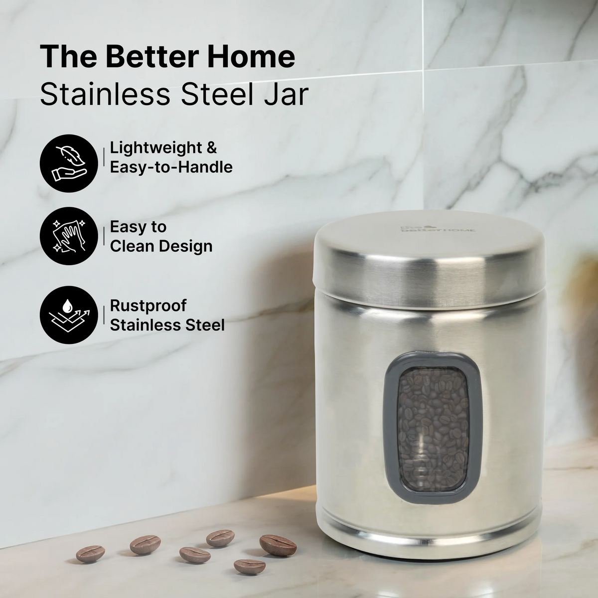 Pack of 6 Stainless Steel Kitchen Storage Jars with See-Through Panel, 1000 ml Each, Airtight