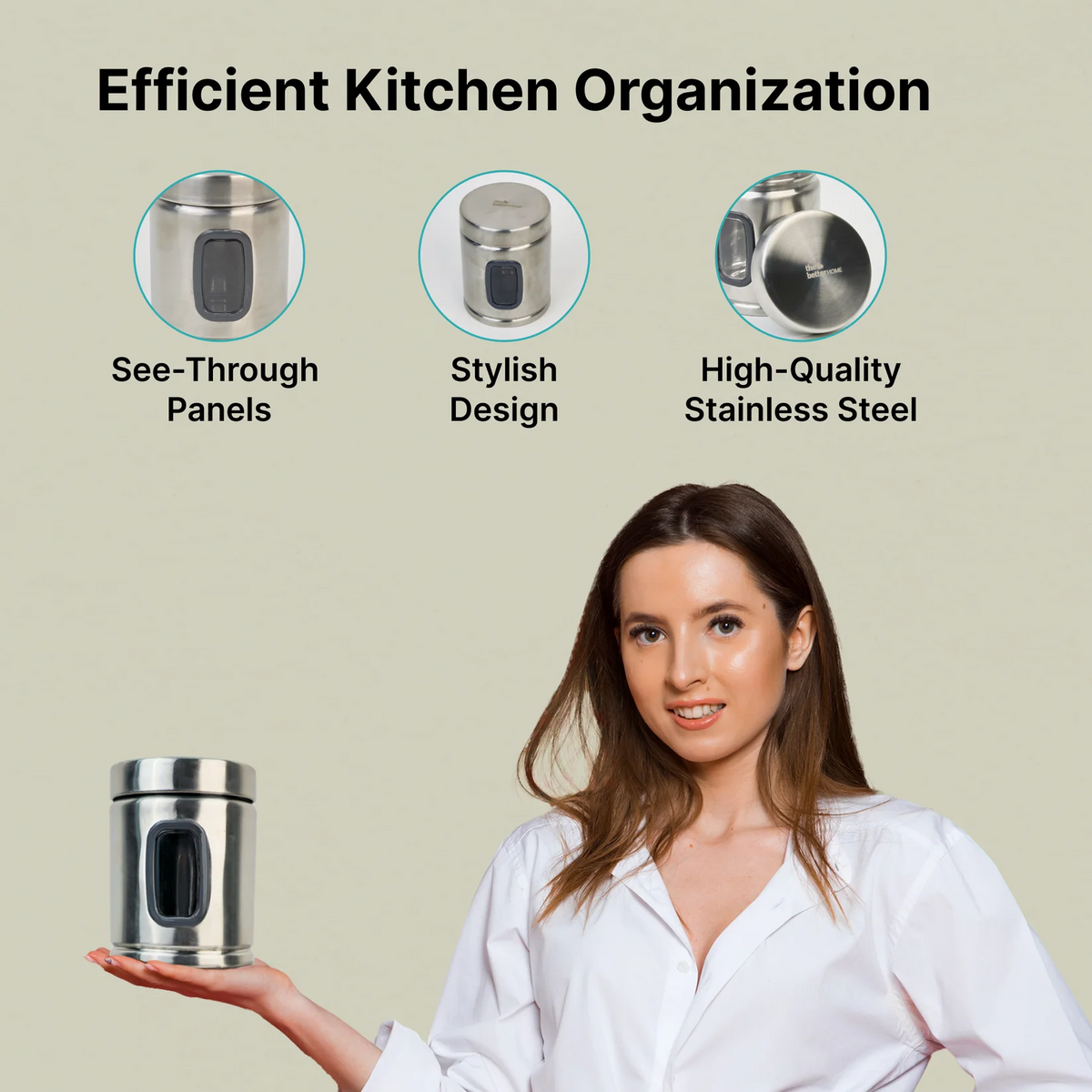 Pack of 6 Stainless Steel Kitchen Storage Jars with See-Through Panel, 1000 ml Each, Airtight
