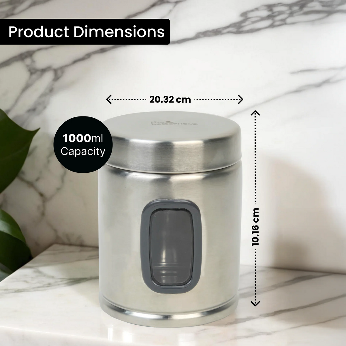 Pack of 6 Stainless Steel Kitchen Storage Jars with See-Through Panel, 1000 ml Each, Airtight