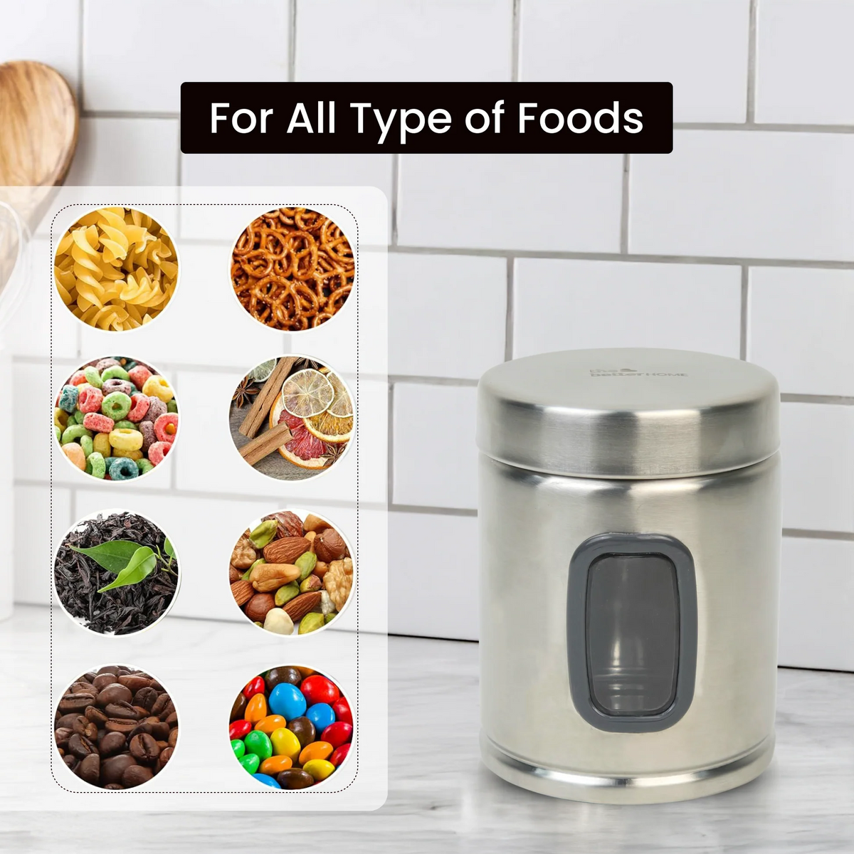 Pack of 6 Stainless Steel Kitchen Storage Jars with See-Through Panel, 1000 ml Each, Airtight