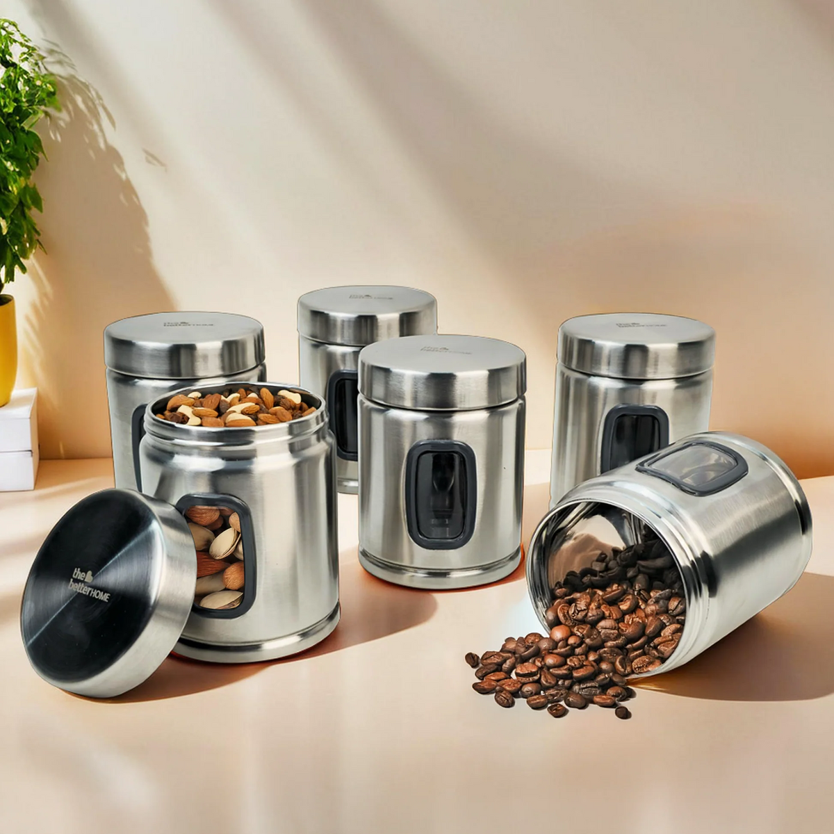 Pack of 6 Stainless Steel Kitchen Storage Jars with See-Through Panel, 1000 ml Each, Airtight