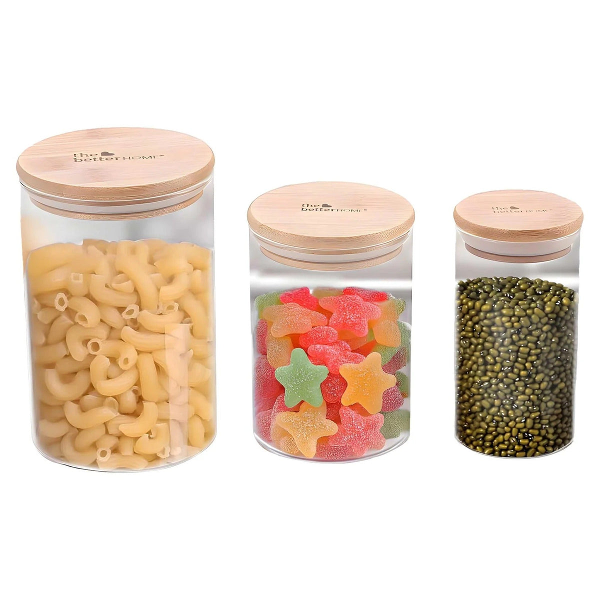 Pack of 3 Borosilicate Glass Jars with Bamboo Lid, 300 ml+600 ml+1000 ml, Airtight