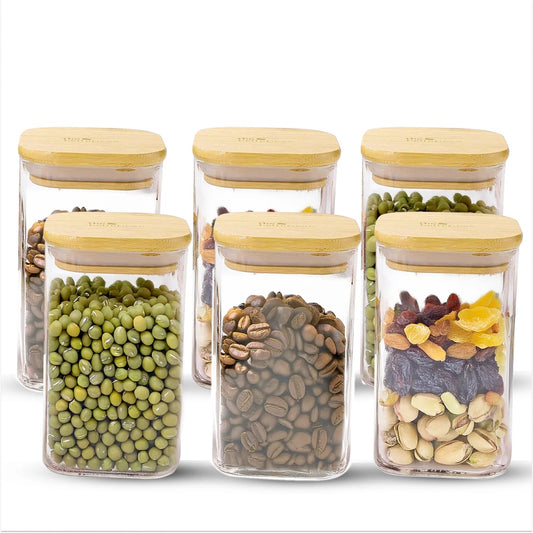 Pack of 6 Borosilicate Glass Kitchen Storage Jars with Bamboo Lids, 600 ml, Food Safe, Transparent