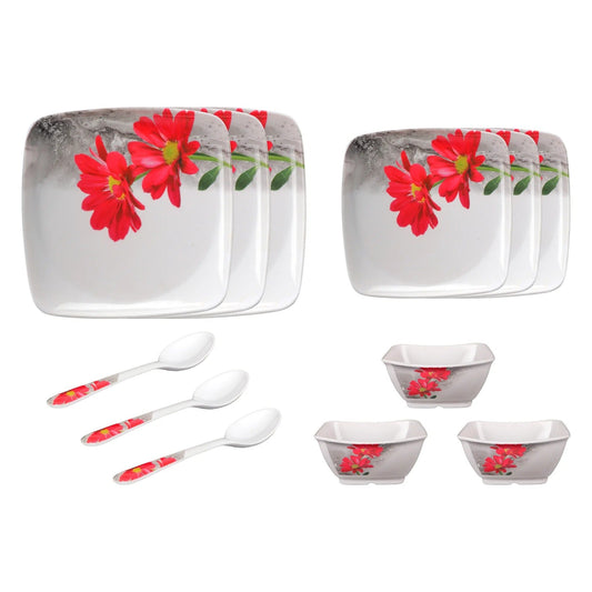 Melamine Dinner Set Pack of 12 Floral Design Serves 4 Red White