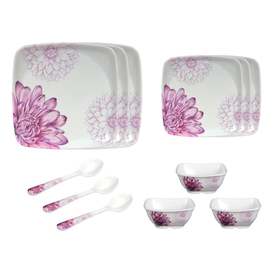 Melamine Dinner Set Pack of 12 Floral 4 Serving Pieces Pink White