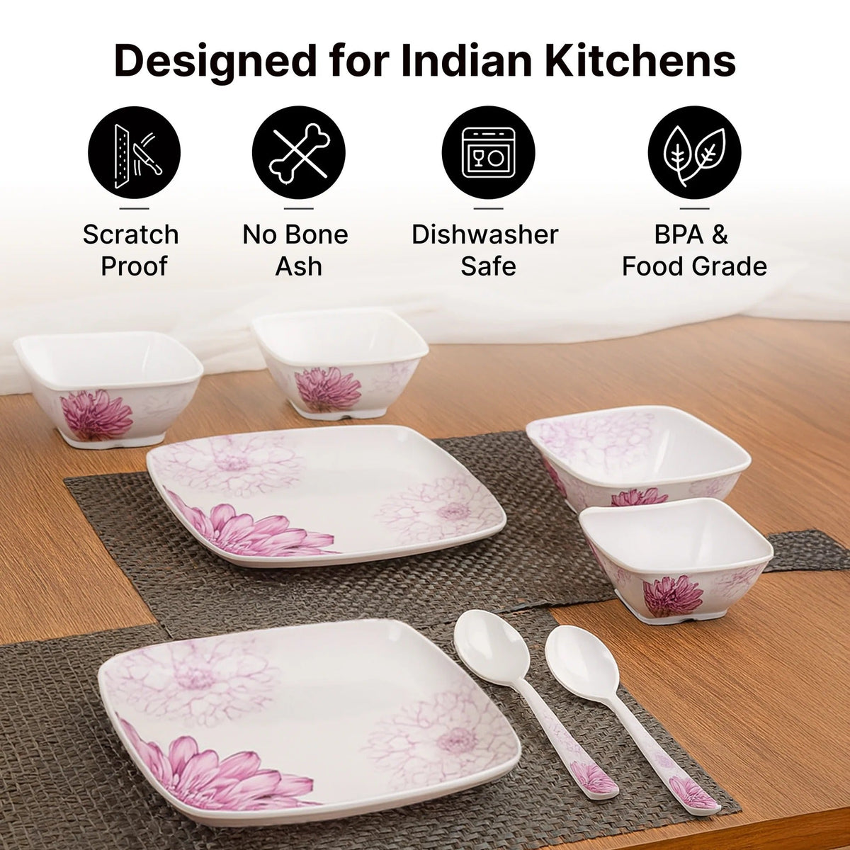 Melamine Dinner Set Pack of 12 Floral 4 Serving Pieces Pink White