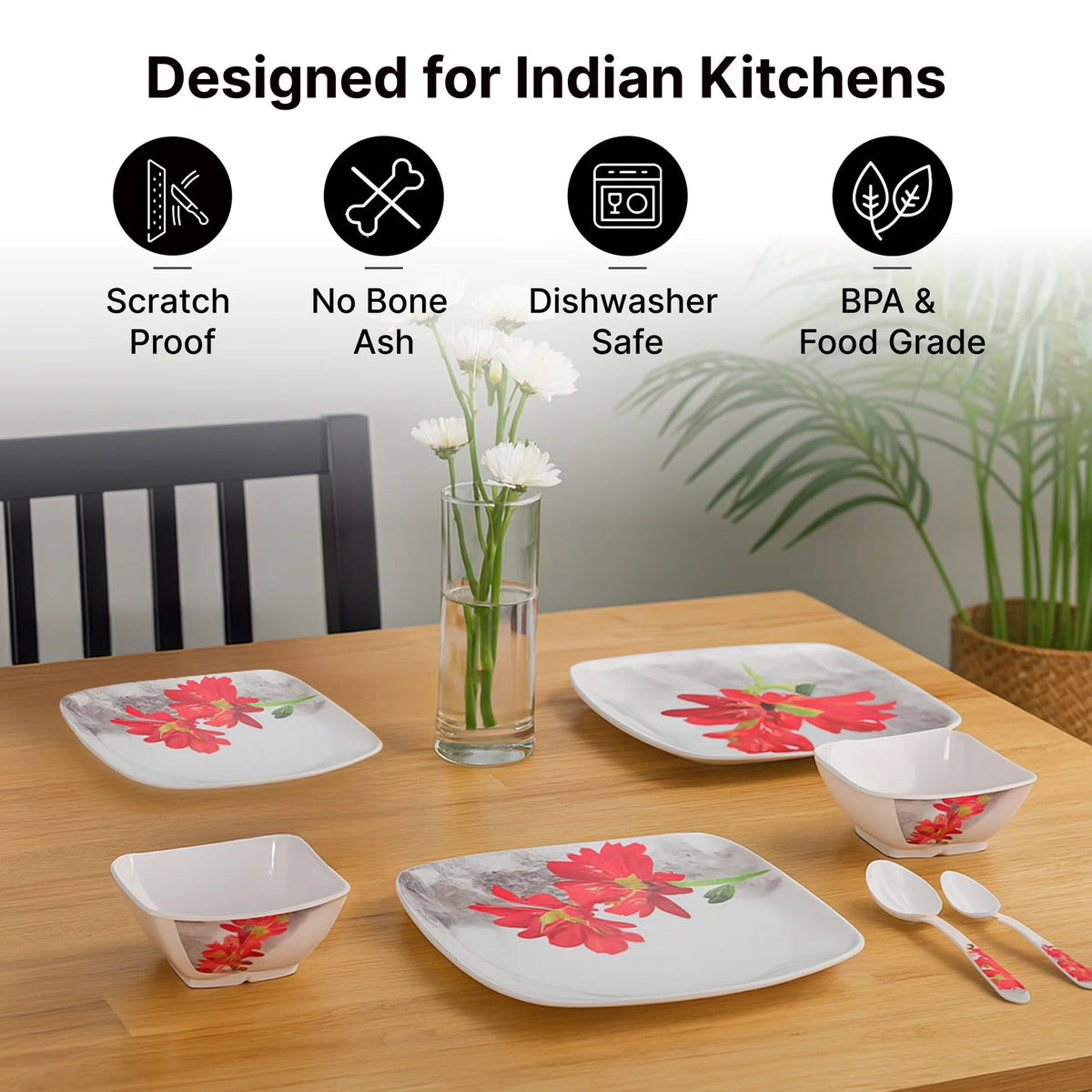Melamine Dinner Set Pack of 20 Floral Design Serves 4 Red White