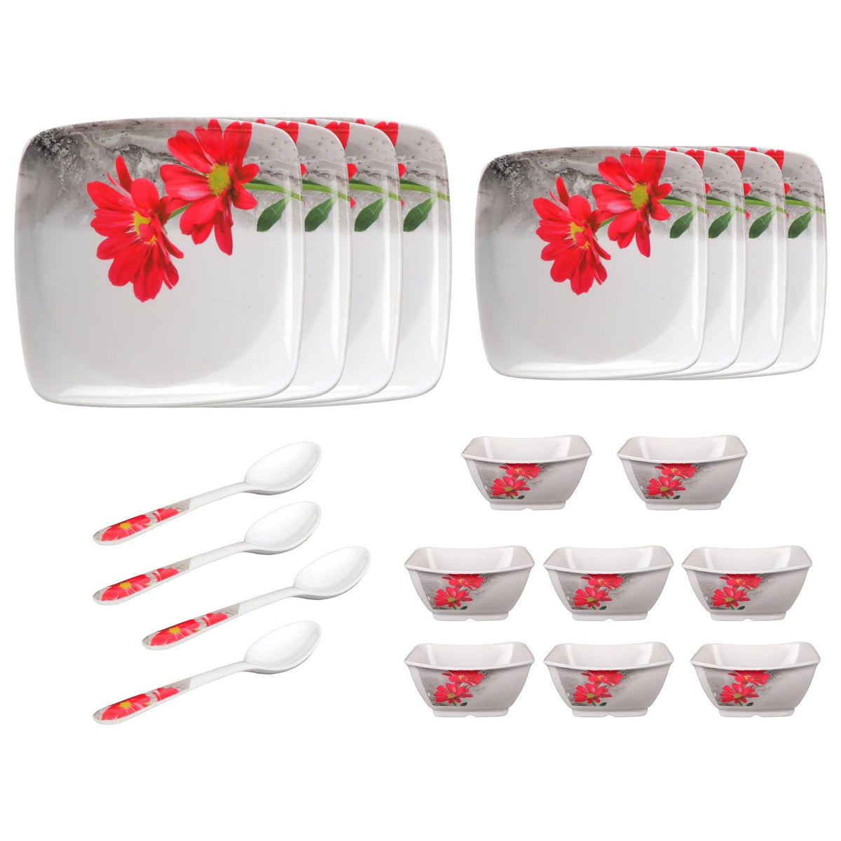 Melamine Dinner Set Pack of 20 Floral Design Serves 4 Red White