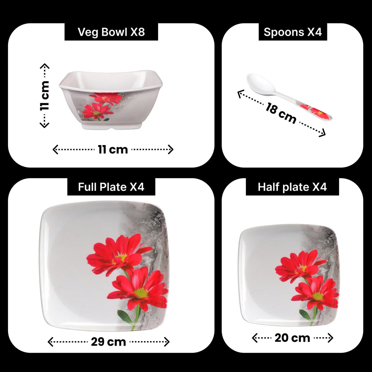 Melamine Dinner Set Pack of 20 Floral Design Serves 4 Red White