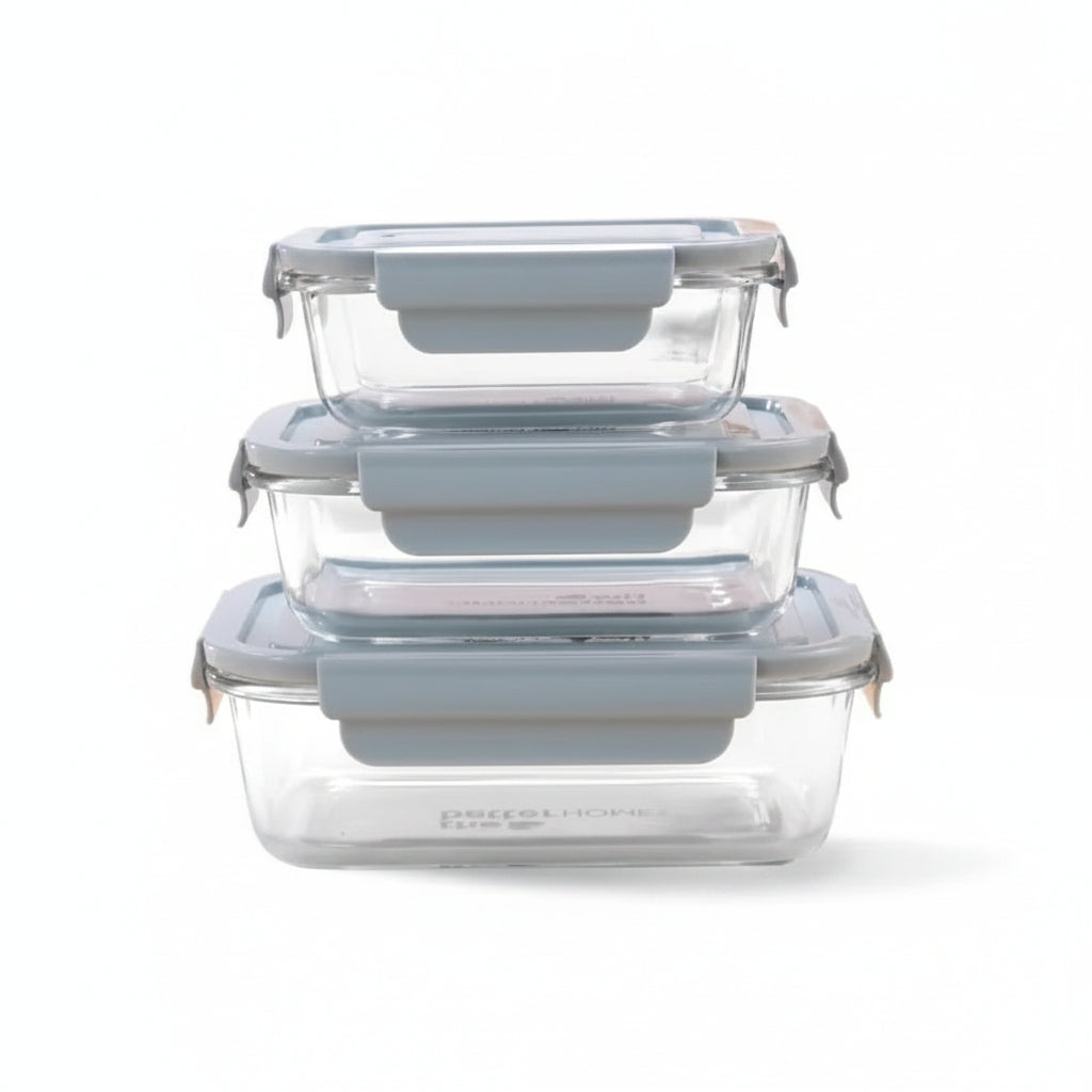 Pack of 3 Borosilicate Glass Lunch Boxes, 410 ml 680 ml 1040 ml, Leak-Proof, Microwave Safe, Pink
