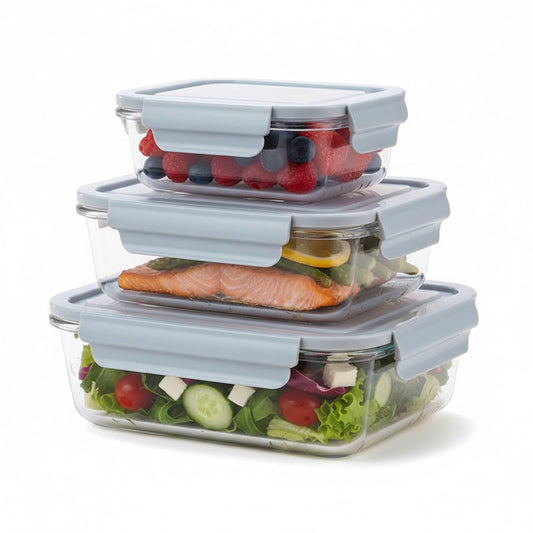 Pack of 3 Borosilicate Glass Lunch Boxes, 410 ml 680 ml 1040 ml, Leak-Proof, Microwave Safe, Pink