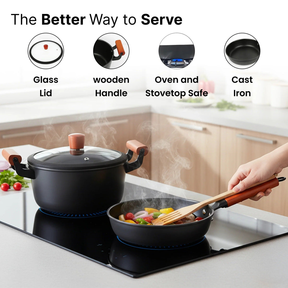 Cast Iron 12 inch Frying Pan Durable Non-Toxic Cookware Black