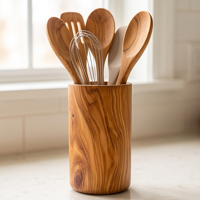 Olive Wood Utensil Holder | Wooden Kitchen Spatula Spoon Crocks Organizer