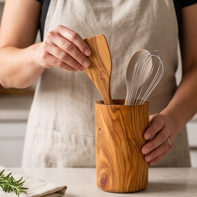 Olive Wood Utensil Holder | Wooden Kitchen Spatula Spoon Crocks Organizer