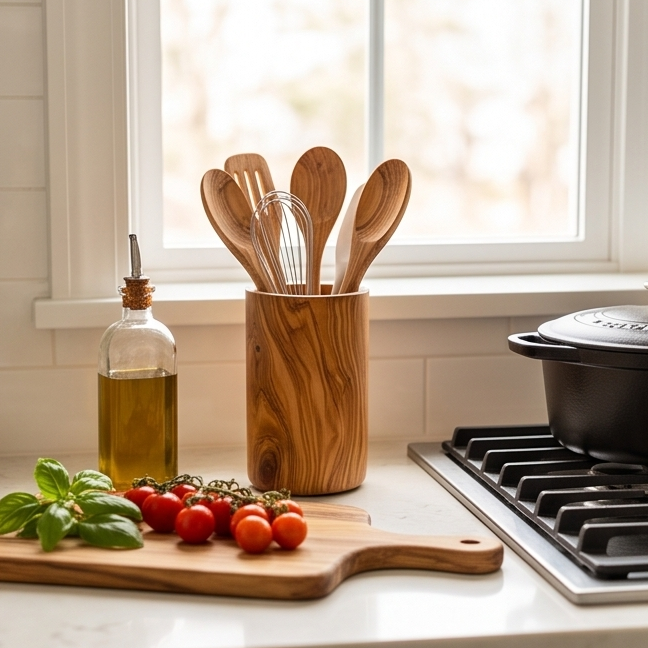 Olive Wood Utensil Holder | Wooden Kitchen Spatula Spoon Crocks Organizer