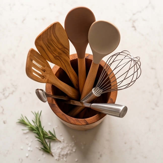 Olive Wood Utensil Holder | Wooden Kitchen Spatula Spoon Crocks Organizer