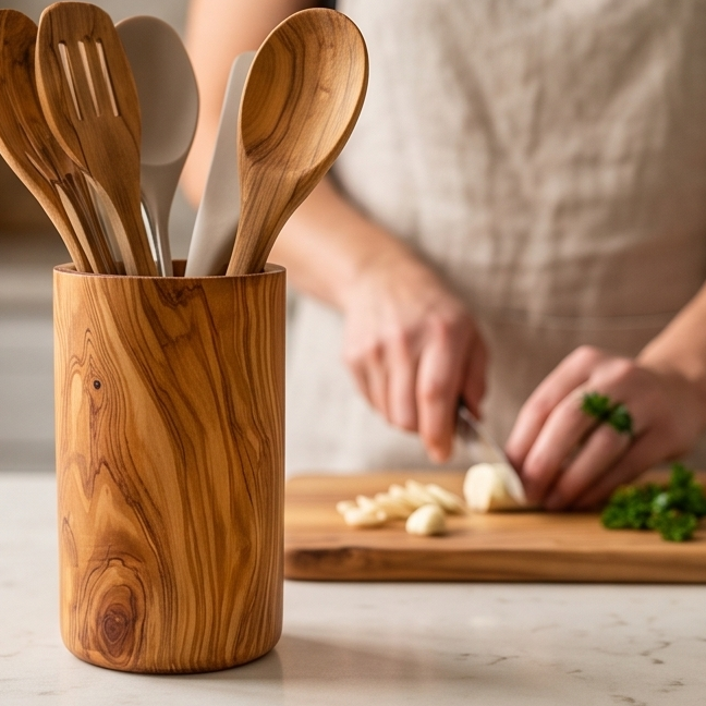 Olive Wood Utensil Holder | Wooden Kitchen Spatula Spoon Crocks Organizer
