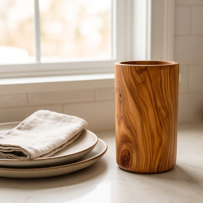Olive Wood Utensil Holder | Wooden Kitchen Spatula Spoon Crocks Organizer