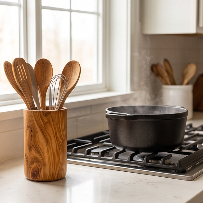 Olive Wood Utensil Holder | Wooden Kitchen Spatula Spoon Crocks Organizer