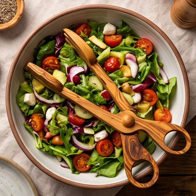 Olive Wood Salad Tongs | Wooden Serving Cooking Scissors Spoon Fork Food Clamps