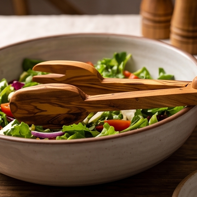 Olive Wood Salad Tongs | Wooden Serving Cooking Scissors Spoon Fork Food Clamps