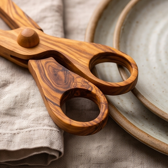 Olive Wood Salad Tongs | Wooden Serving Cooking Scissors Spoon Fork Food Clamps