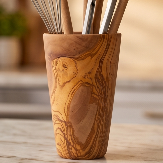 Luxury Solid Olive Wood Utensil Holder | Rustic Kitchen Countertop Storage Organiser