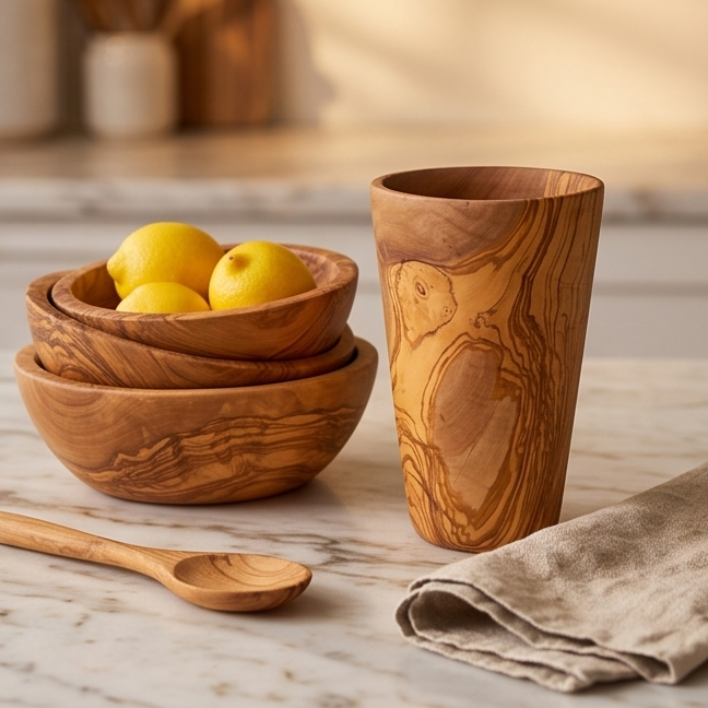 Luxury Solid Olive Wood Utensil Holder | Rustic Kitchen Countertop Storage Organiser