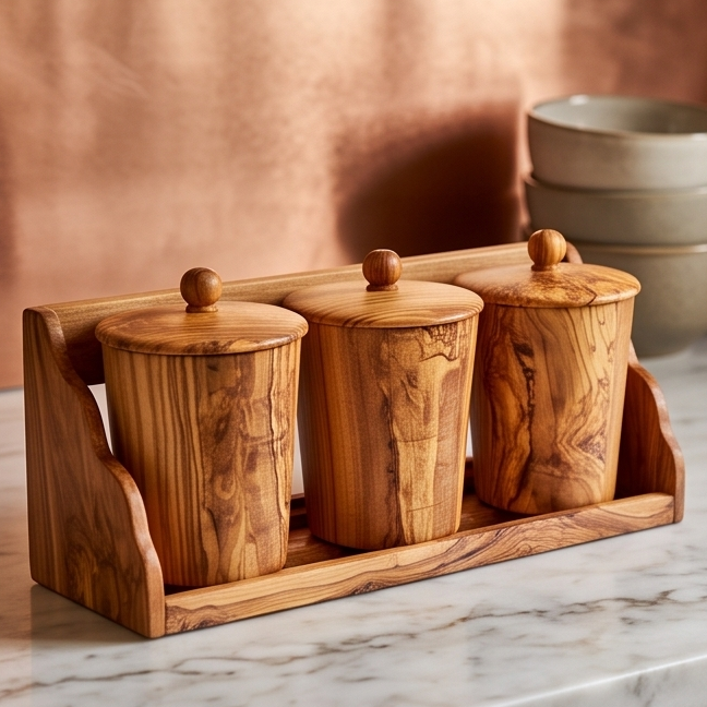 Olive Wood Storage Canister Set of 3 with Rack | Wooden Kitchen Spice Jar Pots