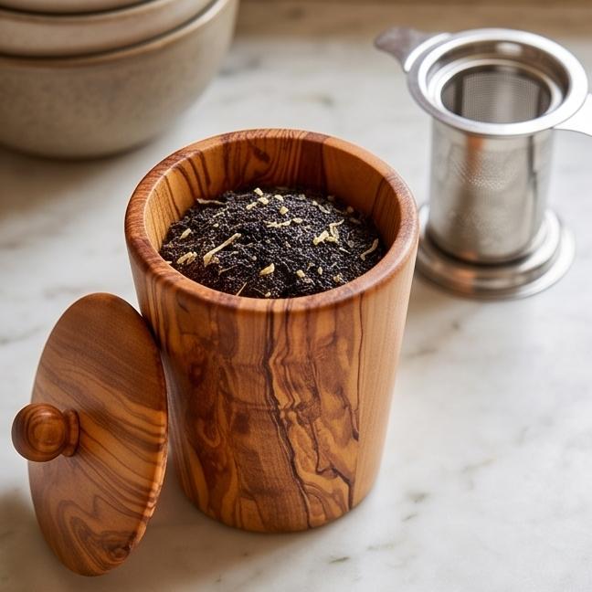 Olive Wood Storage Canister Set of 3 with Rack | Wooden Kitchen Spice Jar Pots