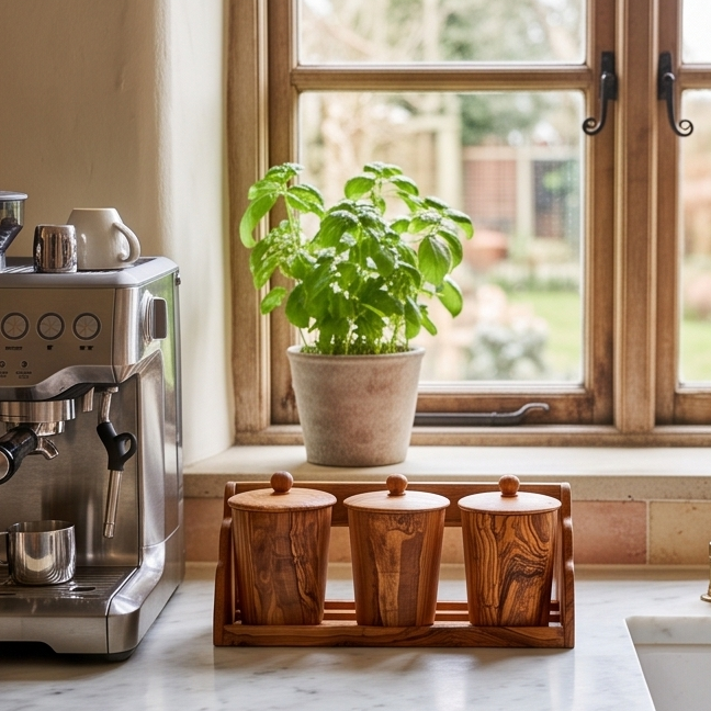 Olive Wood Storage Canister Set of 3 with Rack | Wooden Kitchen Spice Jar Pots