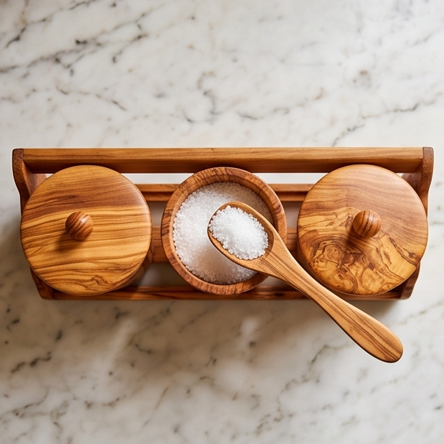 Olive Wood Storage Canister Set of 3 with Rack | Wooden Kitchen Spice Jar Pots