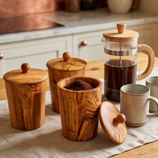 Olive Wood Storage Canister Set of 3 with Rack | Wooden Kitchen Spice Jar Pots