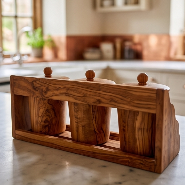 Olive Wood Storage Canister Set of 3 with Rack | Wooden Kitchen Spice Jar Pots
